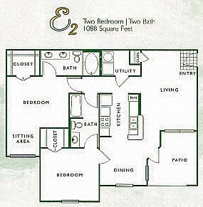 2 Bed 2 Bath, 1088 square feet floor plan 2 Bed 2 Bath E